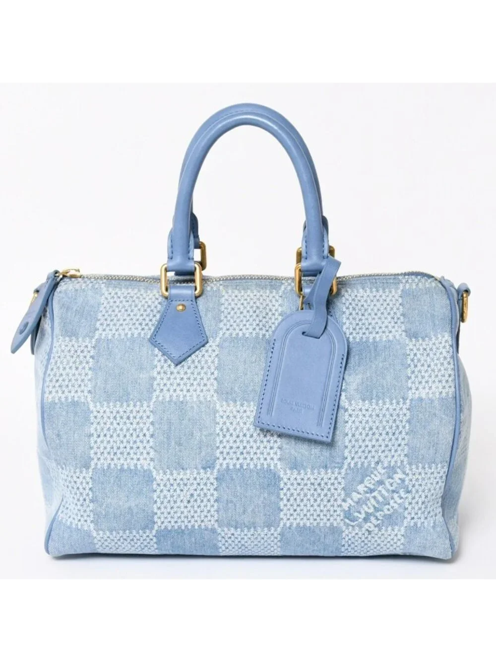 Louis Vuitton Speedy Bandouliere 30 Handbag Damier Denim 3D Cotton Blue Gold